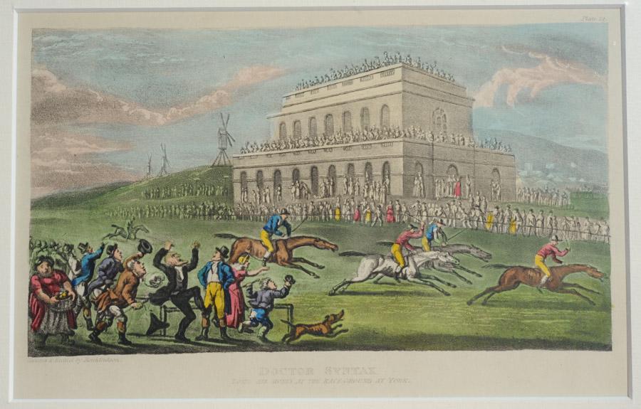 Thomas Rowlandson (1756-1827) Etching w/ Aquatint: "Doctor Syntax Lost His Money at the Race-Ground at York" from "The Tour of Dr. Syntax", original hand colored etching with aquatint, circa 1812-1821, professionally matted and shrink wrapped. Visible