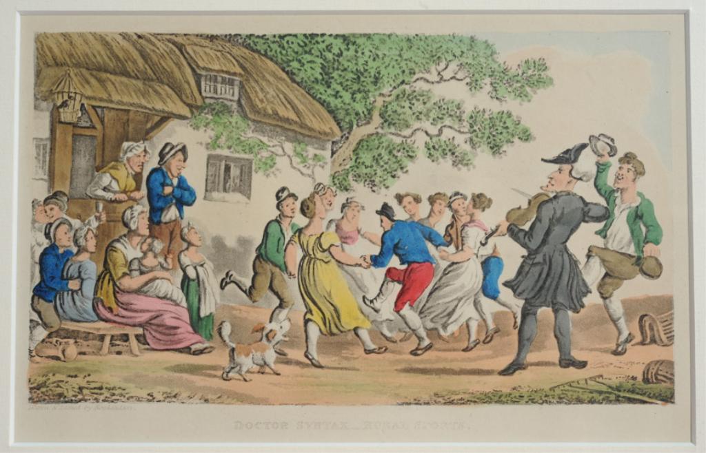 Thomas Rowlandson (1756-1827) Etching w/ Aquatint: "Doctor Syntax _ Rural Sports" from "The Tour of Dr. Syntax", original hand colored etching with aquatint, circa 1812-1821, professionally matted and shrink wrapped. Visible image: approx. 5" x 8". Ma