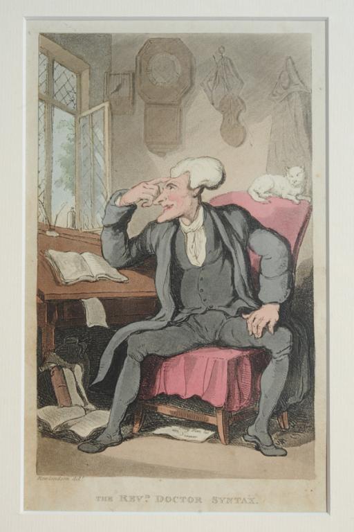 Thomas Rowlandson (1756-1827) Etching w/ Aquatint: "The Revd. Doctor Syntax" from "The Tour of Dr. Syntax", original hand colored etching with aquatint, circa 1812-1821, professionally matted and shrink wrapped. Visible image: approx. 7 1/2" x 4 3/4".