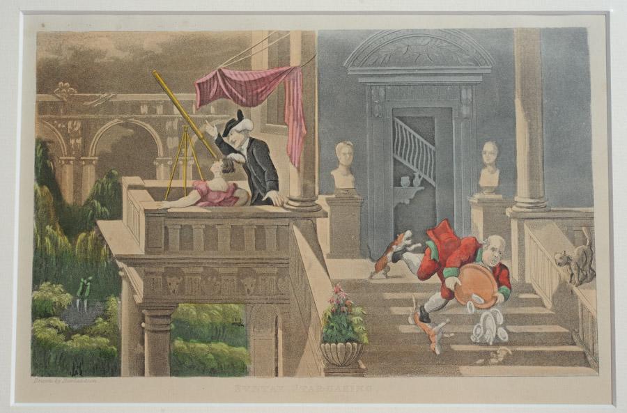 Thomas Rowlandson (1756-1827) Etching w/ Aquatint: "Syntax Star-Gazing" from "The Tour of Dr. Syntax", original hand colored etching with aquatint, circa 1812-1821, professionally matted and shrink wrapped. Visible image: approx. 5 1/2" x 8". Mat: app