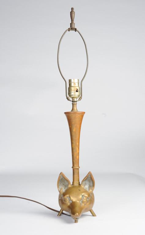 Antique English Brass Fox Head Doorstop as Lamp: Traditional English fox head with hunting horn doorstop, mounted as lamp. Probably late 19th century, lamped early to mid 20th century. Doorstep only, approx. 13" in height. Total height to top of fin