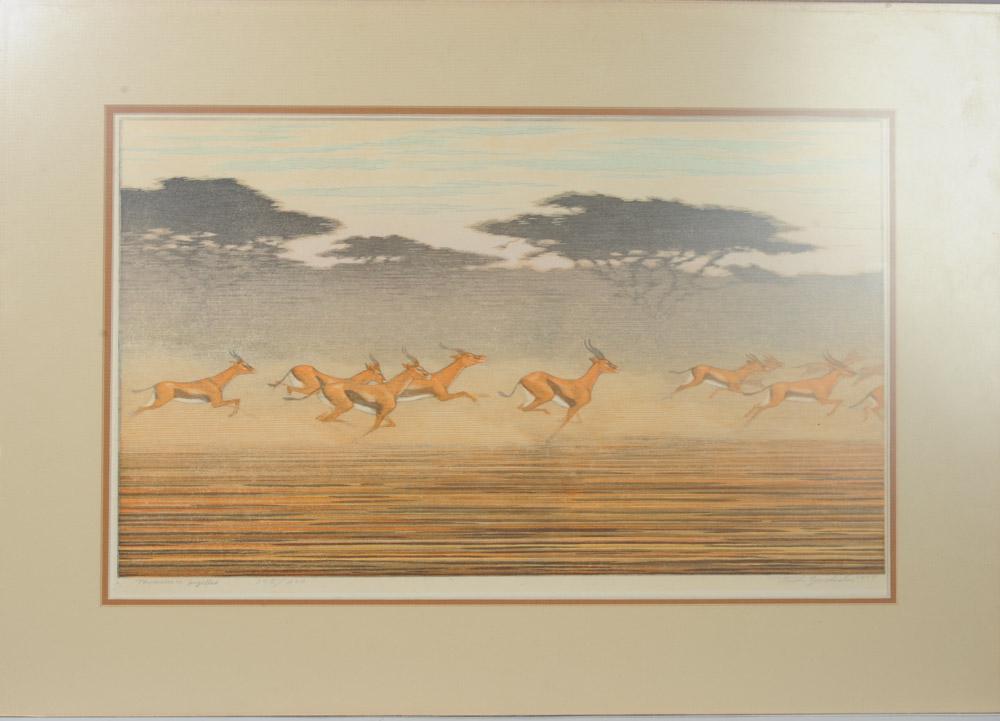 Toshi Yoshida 1977 Woodblock Print: "Thompson's Gazelles" original woodblock print showing a herd of gazelles running across an African plain, by Japanese artist Toshi Yoshida, (1911 - 1995.) Numbered 165/700, signed and dated in pencil