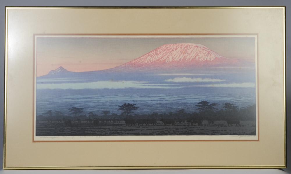 Toshi Yoshida 1977 Woodblock Print Kilimanjaro: "Kilimanjaro Morning" original woodblock print by Toshi Yoshida, (1911-1995, Japan) showing the snowy peaks of the great mountain washed pink and purple in the dawn, while on the still-dark plain belo