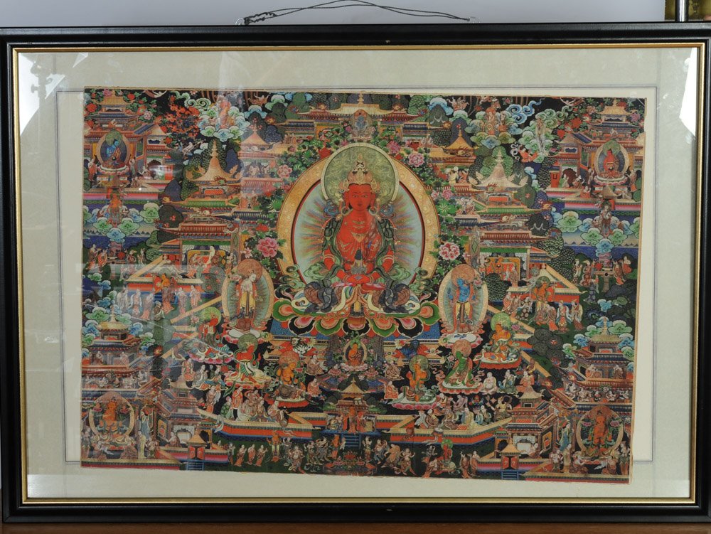 Large Framed Tibetan Thangka Print: Fine quality print on fabric mounted to antique paper, a highly detailed Tibetan Buddhist thangka featuring Red Tara. Frame, approx. 45 3/4" x 32". Print approx. 35" x 24 1/2".