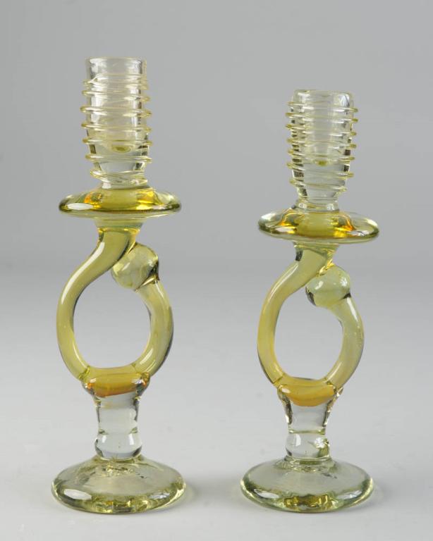 Peter Bramhall Art Glass Candlesticks: Hand blown art glass candlesticks by Vermont artist Peter Bramhall, (b.1942.) Each signed and dated to base, "Bramhall, 6/26/79". 10 1/2" and 9 3/4" in height.