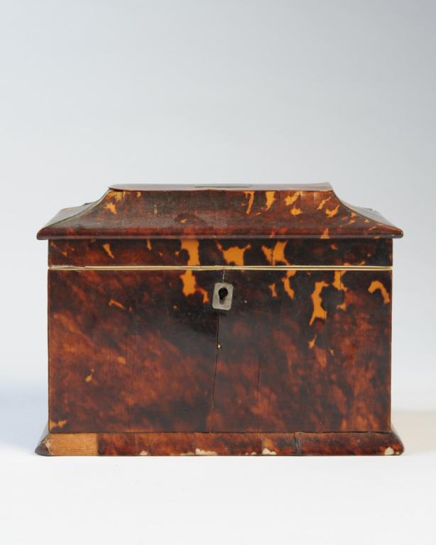 Regency Tortoise Shell Tea Caddy: Early 19th C. tea caddy with bone trim. Internal divisions and ball feet missing. Minor losses to surface, one strip of silver inlay loose. Approx. 7 1/2" L x 4 1/2" W x 5 1/2" H.