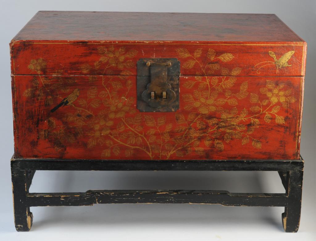 Chinese Red Lacquer Pigskin Trunk on Stand (1 of 5)