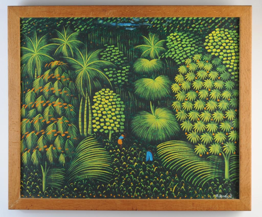 Henri Robert Bresil (Haiti, 1952 - 1999): Figures harvesting among mango trees and palms. Signed HR Bresil lower right. Frame, approx. 25 3/4" x 21 3/4". Sight approx. 23" x 19".
