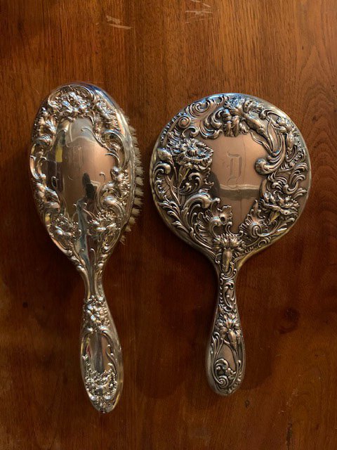 Sterling Silver Dresser Brush and Mirror: Both monogrammed, mirror marked for Gorham, brush marked for R. Wallace & Sons. Longest: approx. 9". Provenance: From the descendants of Jonathan Winship III (Massachusetts, 1780 – 1843.) A sailor a