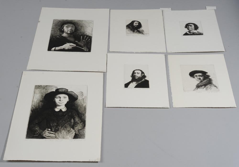Six Eugene Cusack Etchings: Mother, Painter, Berry, Dutch Carol, Self Portrait, Roman. Largest: approx. 11" x 7 1/2".