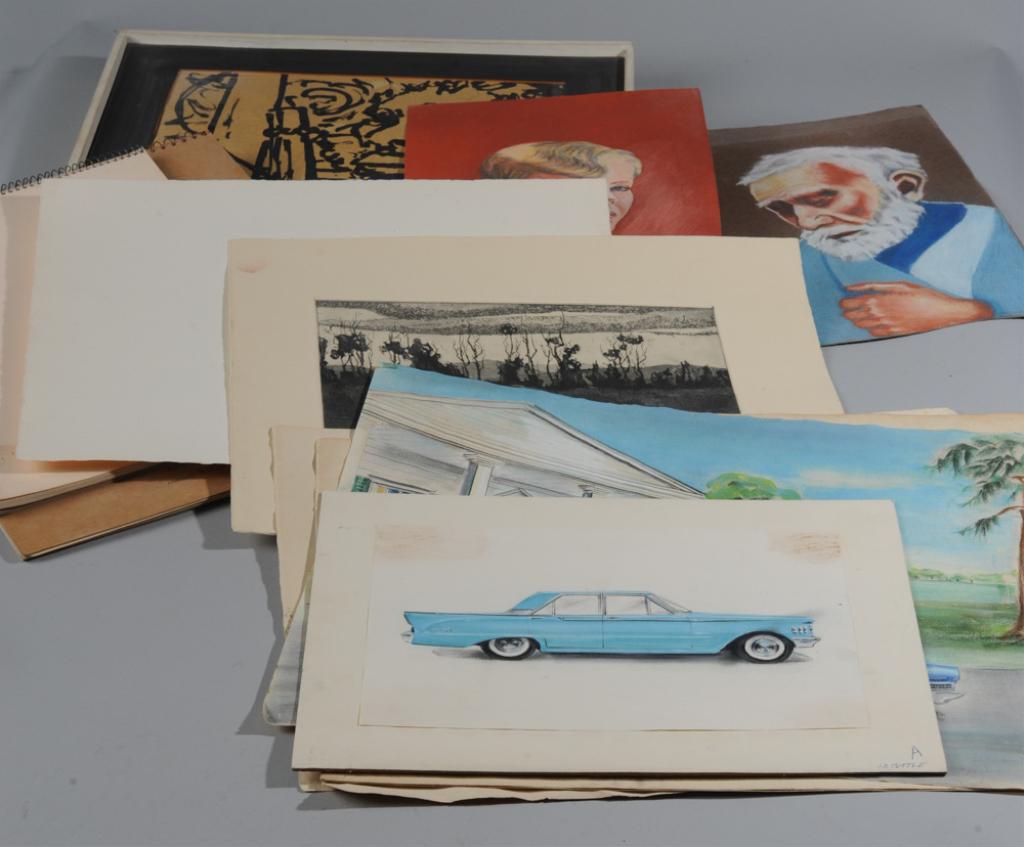 Art Lot: Including original illustrations for a Mercury Comet and a Chrysler, sketch books, etc. Largest: approx. 17" x 14".