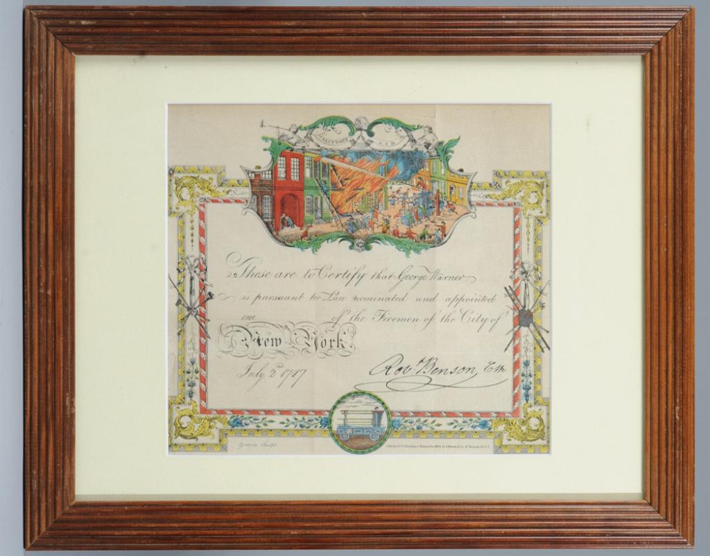 Lithograph of New York Fireman's Certificate, 1863: Lithograph from "Manual of the Corporation of the City of New York", published 1863, reproduction of a fireman's certificate for George Warner in 1787. Visible folds, tear to top, not examined out of 