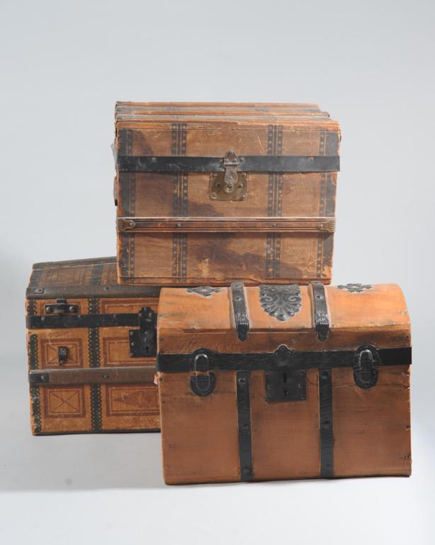 Three Vintage Miniature Wooden Trunks: All with damage and in as-found condition. Largest: approx. 9 3/8" x 12 3/4" x 8 1/4".