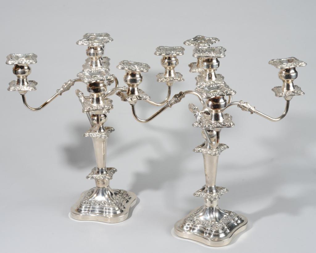 Pair 20th C. Silverplate Repousee 5-Arm Candelabra (1 of 4)