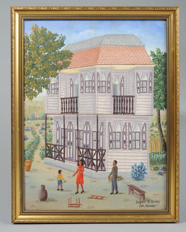 Haitian Painting by Jacques A. Alfred: Oil on canvas showing an idyllic scene of a fine large Caribbean style home shown in great detail and with a father, mother and child in front, and beautifully tended gardens beyond. Signed lower righ
