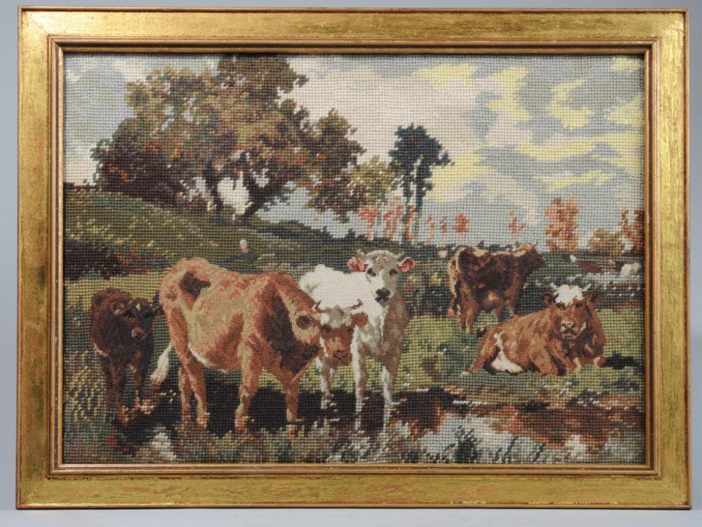Vintage Needlepoint Textile of Cows (1 of 3)