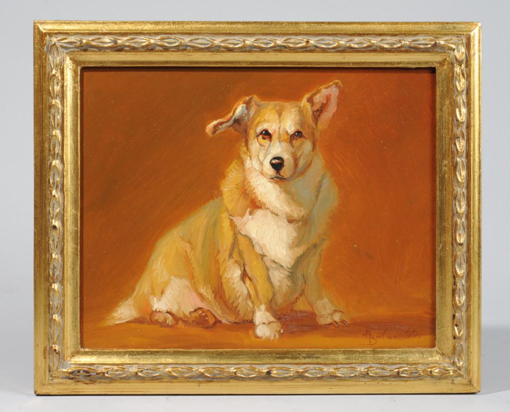 Anthony Barham (UK / Virginia, 20th / 21st C.): Oil on panel of a Corgi, signed lower right and dated (19)99, framed. Visible image: approx. 9 1/2" x 7 1/2". Frame: approx. 10" x 11 3/4".