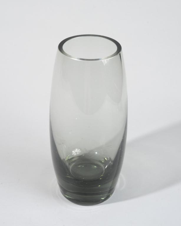 Per Lutken for Holmegaard Smoked Glass Vase: Danish modern swollen cylinder vase. Acid etched signature to base "Holmegaard 19 PL 59". Approx. 9 7/8" H.