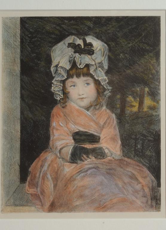 1873 Stone Lithograph after Joshua Reynolds: After a painting by the important English painter Sir Joshua Reynolds (1723-1792) entitled ""The Mob Cap, stone lithograph by E. H. Mitchell. The image shows a young girl wearing fingerless gloves and