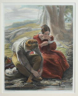 19th C. Hand-Colored Engraving after W. Mulready: Entitled "The Sonnet", after a popular painting by William Mulready, (1786-1863,) showing a young couple by a brook, the lady clearly moved by the poem the young man has written. Engraved by J. C. Arm