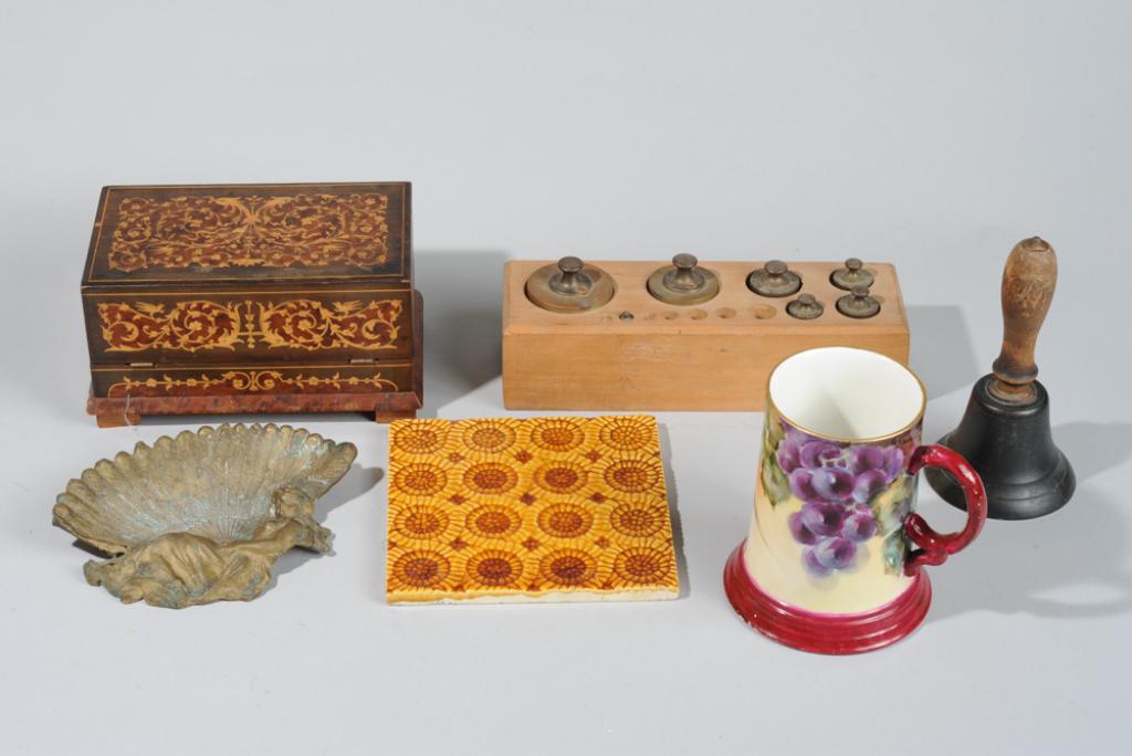 Mixed Lot: J. G. Low Tile, Cigarette Box, Limoges: To include an Arts & Crafts period tile by J. G. & J. F. Low, Chelsea, Massachusetts (approx. 6 3/16" x 6 3/16",) a hand painted Jean Pouyant Limoges stein or mug marked J. P. L. France to base, a mar