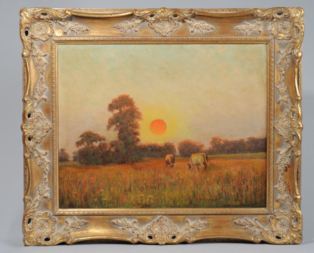 Ernest Copestick Oil on Canvas: Field at sunset with grazing cows by 20th C. British artist Ernest Copestick. Signed lower right. Frame, approx. 26" x 22", sight approx. 19 1/2" x 15".