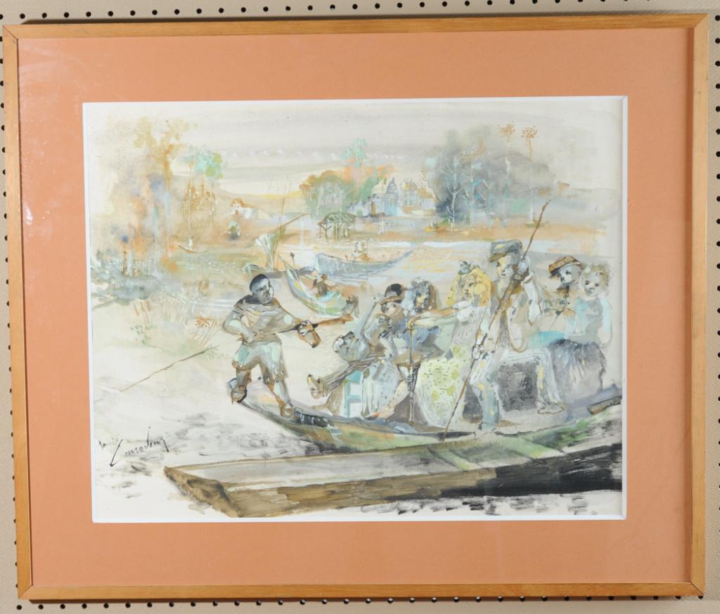 Daniel Louradour Watercolor & Gouache on Paper: Watercolor & Gouache on paper by Daniel Louradour (France, 1930 - 2007) signed lower left. Dream-like image of figures on a boat or gondola, with trees and buildings in the background. Undated but pro