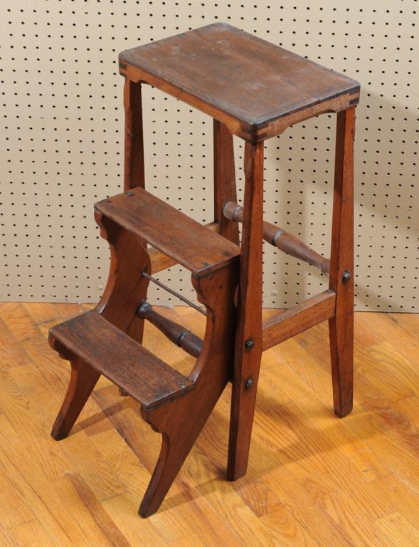 B.J. Harrison (Arkville, New York) Library Steps: Late 19th / early 20th century, stamped to back, crack to top / in as-found condition. H: approx. 28".