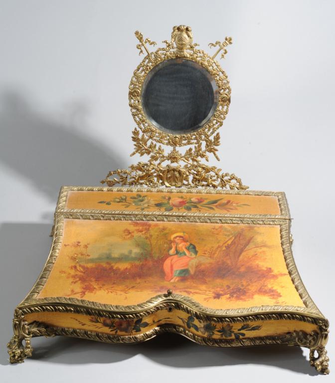Antique French Vernis Marten Jewel Chest: With circular mirror in exquisite rococo bronze dore over slanted lifting top within chiseled ormolu border on 4 rococo bronze dore feet, interior lined with pink velvet. In as-found condition. Accord
