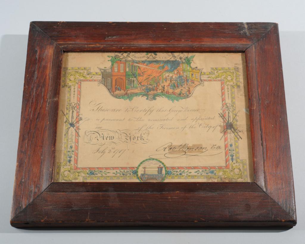 Lithograph of New York Fireman's Certificate, 1863: Lithograph from "Manual of the Corporation of the City of New York", published 1863, reproduction of a fireman's certificate for George Warner in 1787. Visible folds, tearing, some discoloration and w