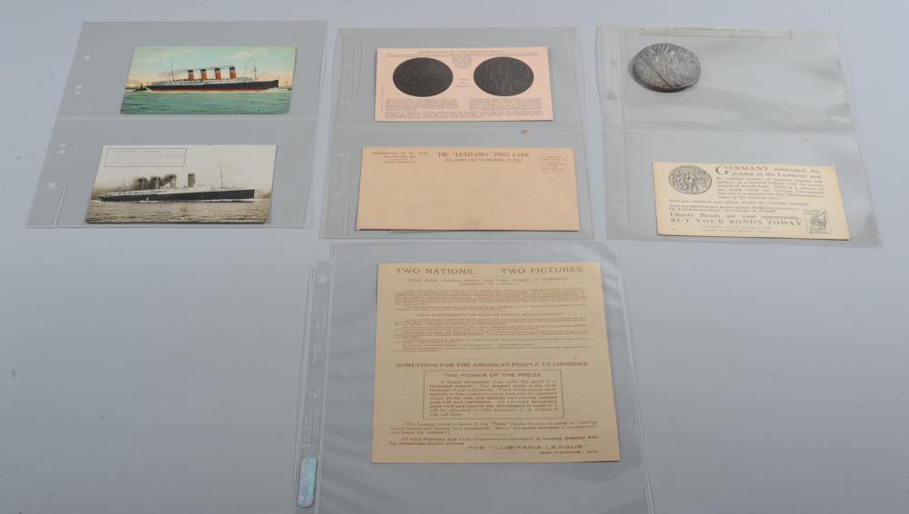 Lusitania Medal British WWI Propaganda, etc.: British copy after the German original by Karl Goetz, produced by Goetz to celebrate the sinking of the Lusitania, reissued as a propaganda piece in England, with one side depicting the sinking Lusita