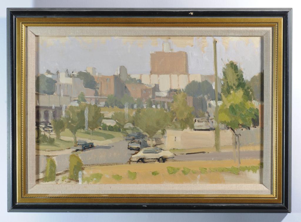 Philip Geiger (b. 1956) Oil on Board: View of downtown Charlottesville Virginia, probably circa 1990s. Unsigned. Frame: approx. 18" x 13". Sight, approx. 14 1/2" x 9 1/2".