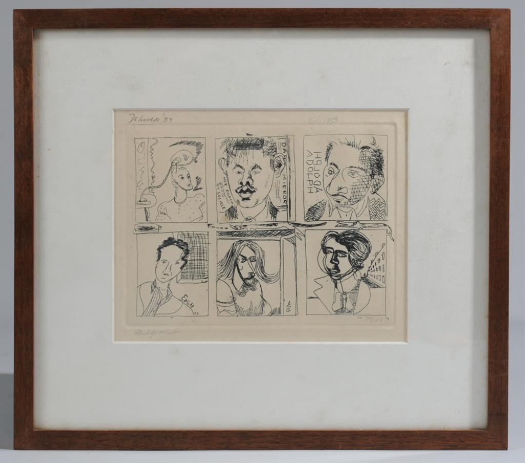 Etching by Multiple Artists; Gottlieb, Levy +: Signed etching of six portraits, images by Lucille Corcos, Dorothy Dehner, Edgar Levy, Esther Gottlieb, Adolph Gottlieb and David Smith. Signed in pencil Dehner '33 upper left, signed in pencil E L 19