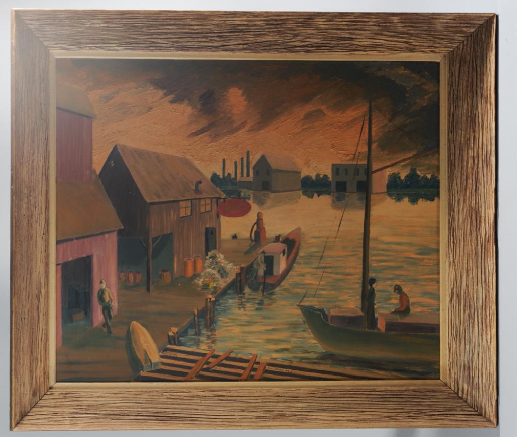 1952 Folk Art Painting Esso Station Dock Scene: Scene of a dock under an orange sky at twilight; the untrained artist captures the light and mood exactly. red Esso station sign, industrial buildings in the back ground. Signed lower center "Guy Ozde