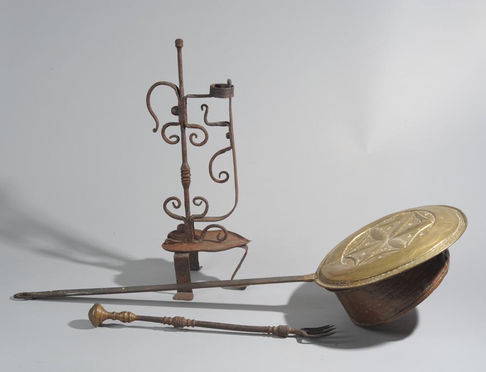 Bed Warmer, Rush Light, Toasting Fork: 18th-19th C. items to include a brass bed warmer with long handle, pierced lid, an iron rush light, and a hand forged iron and brass handled toasting fork. All in as-found condition. Bed warmer approx