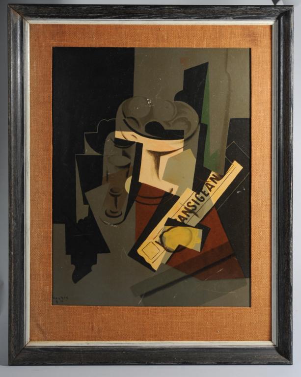 Vintage Juan Gris Serigraph: Mid 20th C. print on heavy stock of a 1907 work by Spanish Cubist Juan Gris ( 1887-1927) "Still Life with Newspaper". In mid century frame. Some surface abrasions. Approx. 37 1/2" x 29 1/2" (Frame).