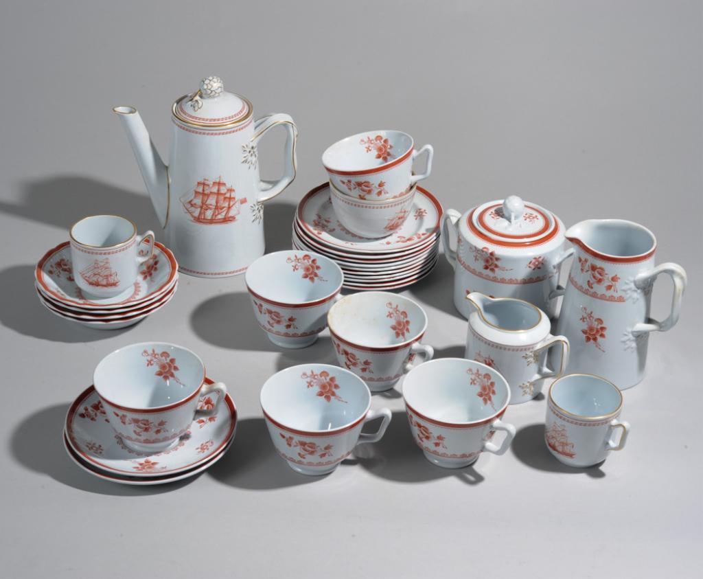 27 pcs. Spode Trade Winds and Gloucester Grouping: Including Trade Winds coffee pot, creamer, 2 diminutive mugs & 1 cup, and Gloucester pitcher, 10 small plates, 6 cups and 2 saucers, double handled lidded jar and four small dishes. In as-found condit