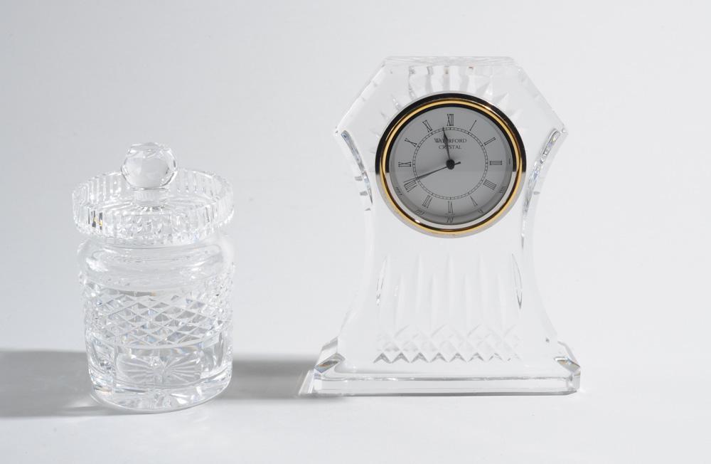 Waterford Crystal Clock and Condiment Jar: Both signed, clock untested. Tallest H: approx. 6 1/2".