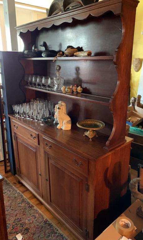 Early 20th C. Walnut Welsh Cupboard: Top with molded edge over two shelves, over two dovetailed drawers with brass pulls over double doors opening to single shelf, bracket feet, in as-found condition. H: approx. 81". W: approx. 60". D: a