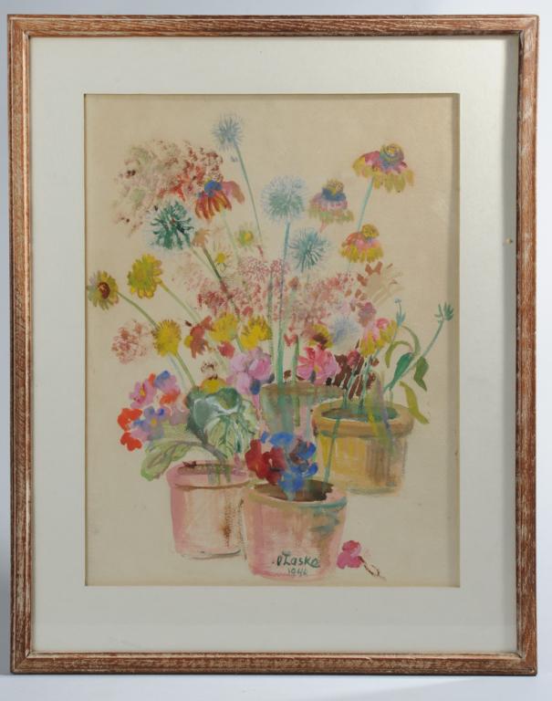 Oskar Laske (1874 - 1951) Watercolor on Paper: Floral still life, signed and dated 1944 lower-center, with watermarks visible under the glass upper-right and lower-left, matted and framed. Oskar Laske (United States, Austria, Ukraine, 1874 - 1951)