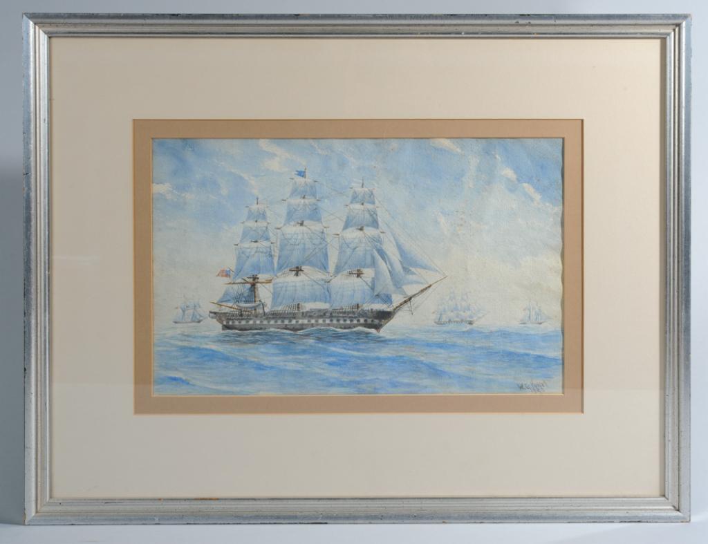 1928 Marine Painting Watercolor on Paper: Framed painting of a full-rigged sailing ship, with several other sailing vessels in the distance, all of them flying the American flag under blue skies. Signed lower right "W. G. Powell, 1928". Water