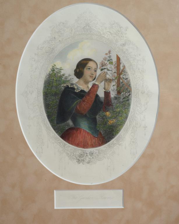 Original 1846 Engraving by W. H. Egleton: "The Garden Flower" after J. Wright by British engraver William Henry Egleton (active 1833-1860,) made to illustrate "Beauties of Moore" (1846,) a series of portraits by important artists of the princ
