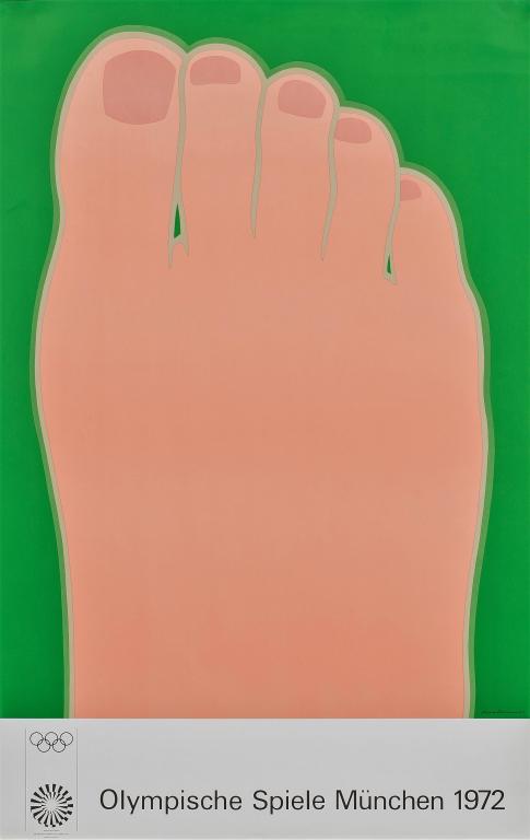 Original Lithograph Poster by Tom Wesselmann: An original lithograph poster on wove paper by American artist Tom Wesselmann (1931-2004) titled "Olympische Spiele MÃ¼nchen (Foot)", 1972. Signed in the plate lower right, not issued hand-signed. L