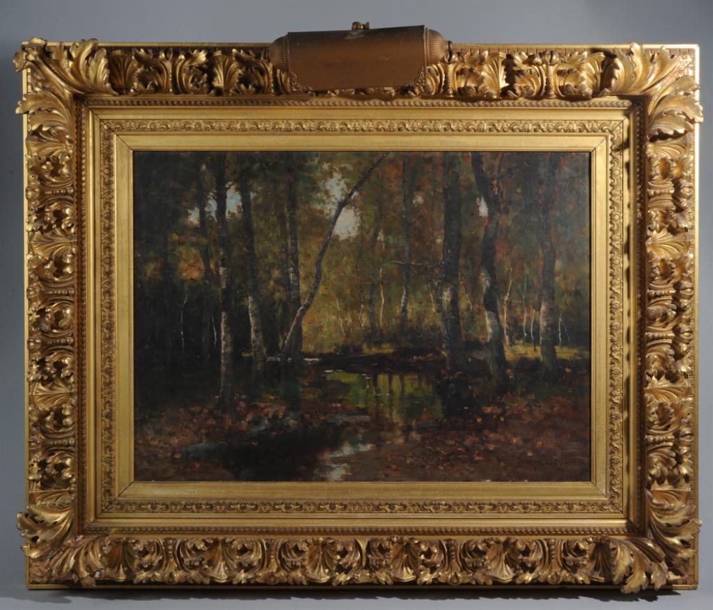 Max Weyl (Washington DC, 1837-1914) Landscape: Oil on canvas depicting stream among birch and other trees, possibly a view of Rock Creek Park in Washington D.C. Signed lower right. In period gilt frame. Frame, approx. 36" x 29". Sight, approx. 24