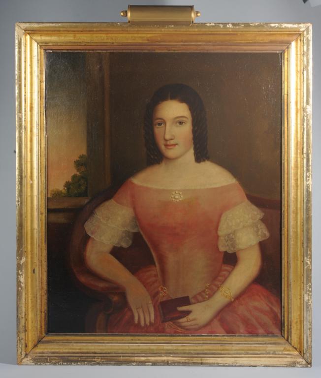 Early 19th C. Folk Portrait of a Young Lady: Portrait of a young lady with big brown eyes and glossy brown curls in a pink dress with lace sleeves, gold jewelry. A window over her right shoulder shows a sky at twilight. Unsigned. Canvas relined,