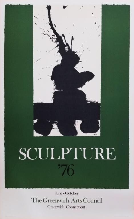Robert Motherwell (1915-1992) Exhibition Poster: An original lithograph exhibition poster on heavy cream Strathmore paper by American artist Robert Motherwell (1915-1992) titled "Greenwich Arts Council", 1976. From the unsigned limited edition of 70