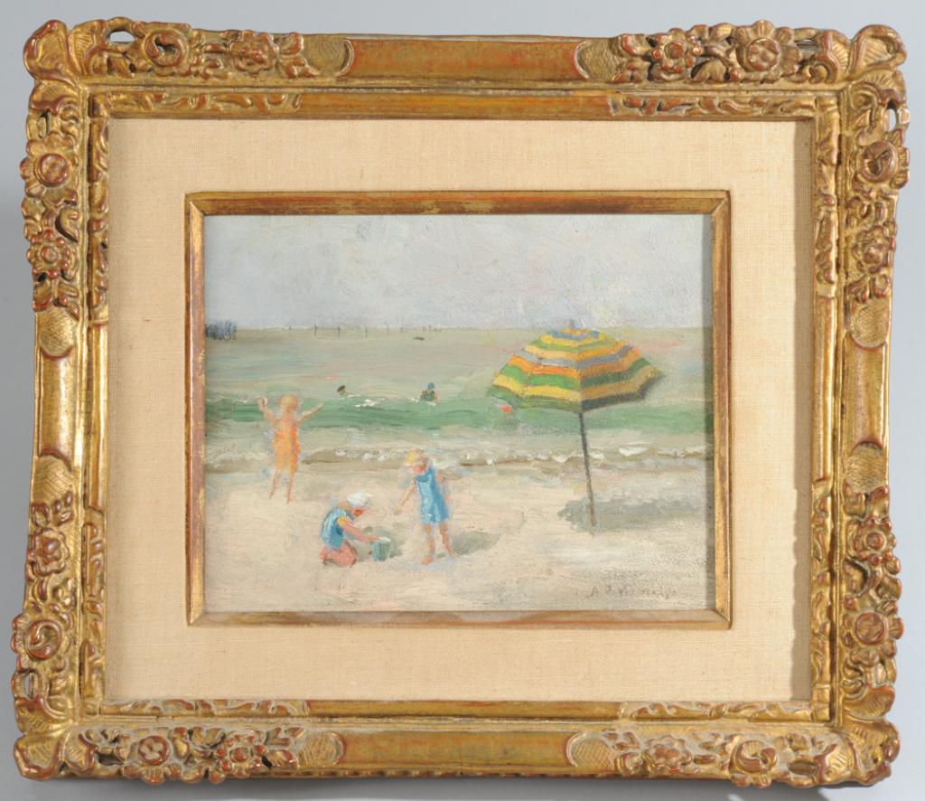 Anna Vermilye (1848 - 1940) Oil on Board: Impressionistic beach scene signed lower right, biographical info on verso. Canvas: approx. 11 1/2" 13 1/2". Frame: approx. 14" x 16".