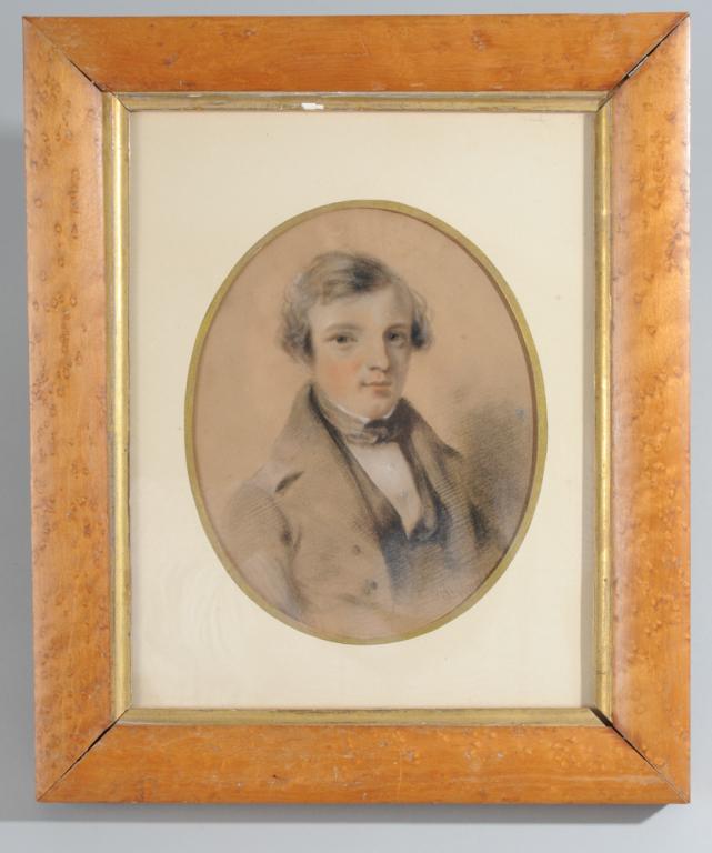 19th C. Sketch of a Young Man: Illegibly signed lower right, presented in Bird's Eye Maple frame. Image: approx. 7 1/2" x 6". Frame: approx. 14" x 11 1/2".