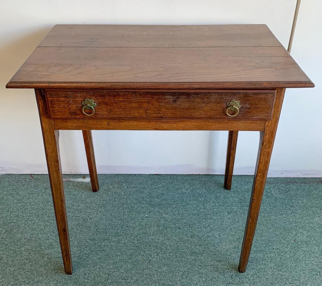 19th C. Hepplewhite Work Table: Single drawer, tapered legs. H: approx. 28". W: approx. 28 1/2". D: approx. 17".