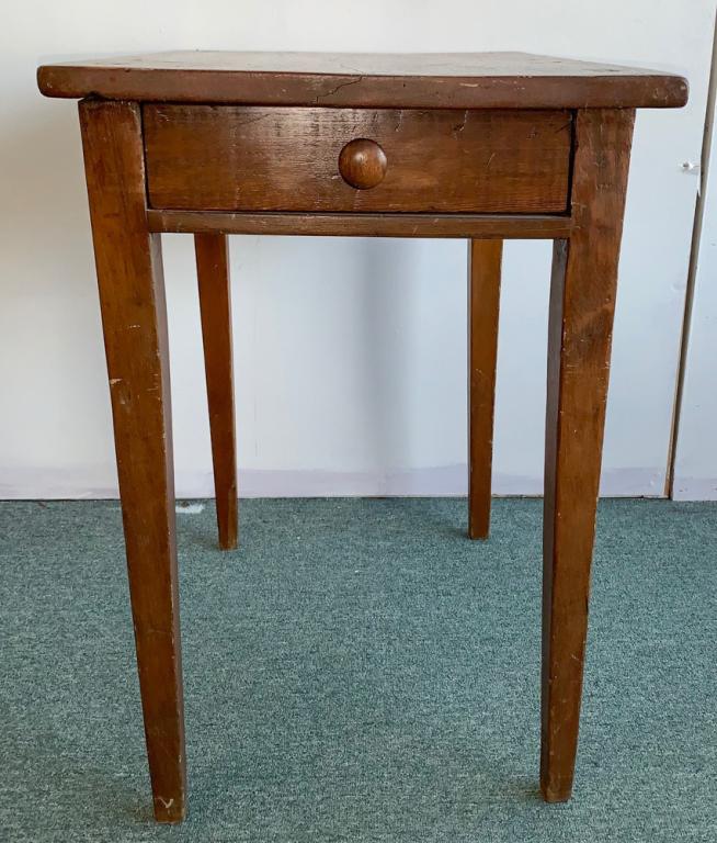 19th C. Virginia Pine Single Drawer Table: From the Eastern Shore of Virginia, large dovetailed drawer, pegged construction. H: approx. 28". W: approx. 18". D: approx. 26 1/2".